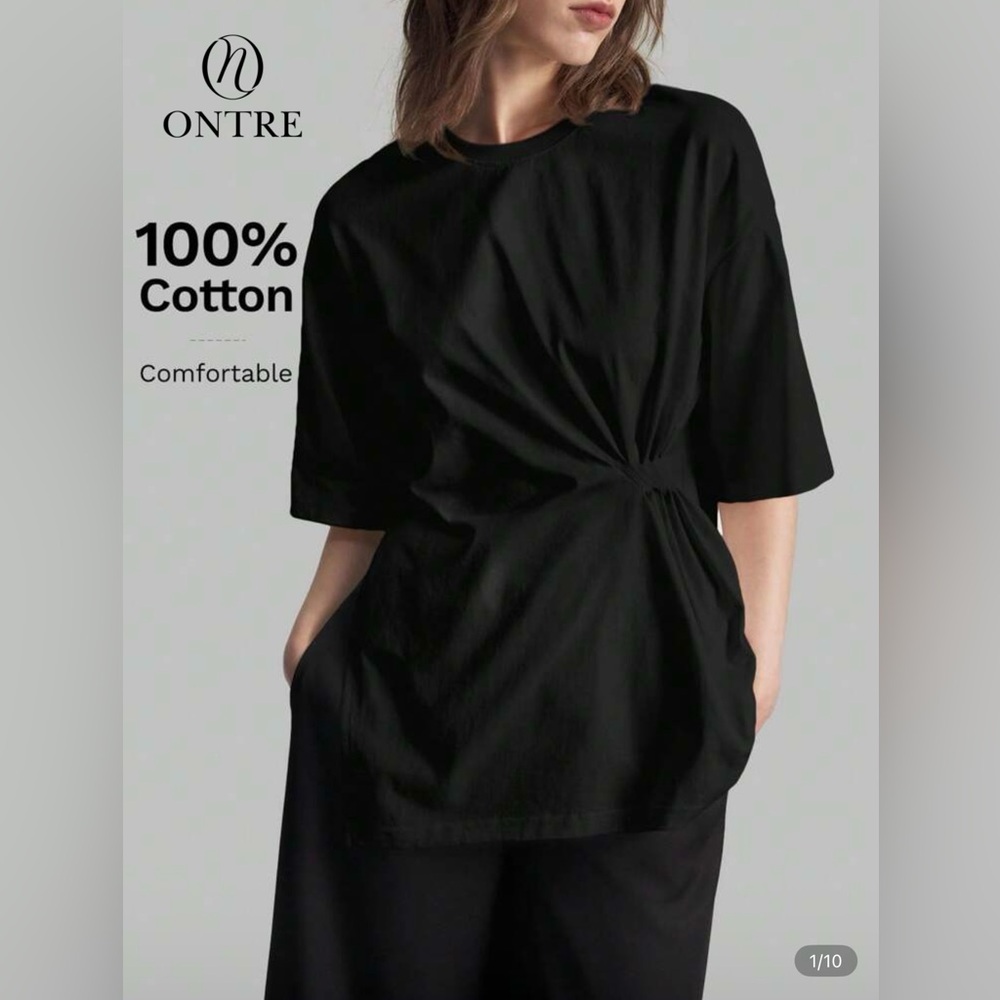 Ontre 100% Cotton Black Short Sleeve Tee by SHEIN with Ruched Detail Women Sz M